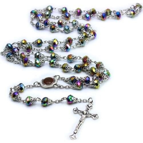 QIGO Crystal Cross Rosary Necklace With Cup Religious Jewelry Many Colors