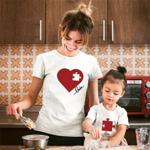 Family Matching T-shirts Red Heart Jigsaw for Mommy and Daughter Clothes Baby Girl Look outfits Mom Mother Valentines Day