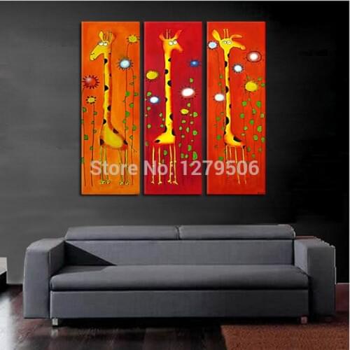 Modern 100% Hand Painted Flower Oil Painting on Canvas Orange Plum Blossom 3-Piece Lovely Giraffes Wall Art for Wall Decor