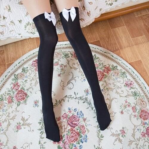 Girls Student Socks Stretch Lace Bow Thigh High Socks Fashion Sexy Stockings Women Over Knee Womens Female Long Knee Sock