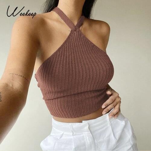 Weekeep Brown Sexy Halter Knitted Camis Summer Backless Tie Up Club Strapless Tank Top y2k Fashion Skinny Corset Tops Streetwear