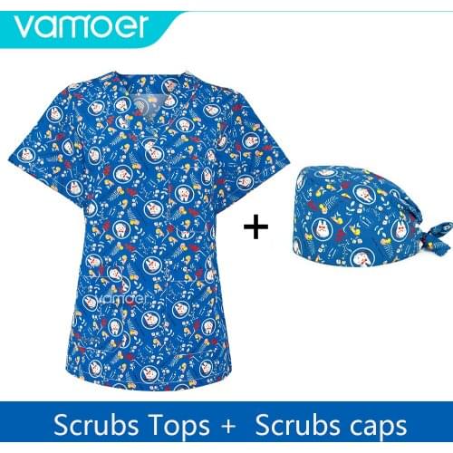 Unisex V-neck lab coat Short-sleeved scrubs Oral dentist work sets tops/pants wholesale S-XXL Printing Cotton scrubs uniforms