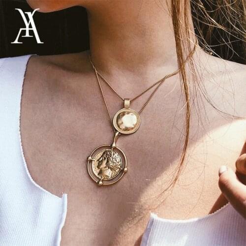 Vintage Double Layers Coin Necklace Women Fashion Gold Color Engraved Portrait Medallion Pendant Necklace Collares Collier
