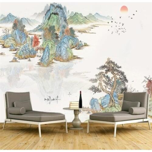 Wellyu New Chinese ancient landscape paintings TV background wall custom large mural green silk cloth wallpaper