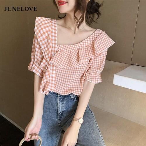Women Summer Short Sleeve Blouse Shirts Vintage Plaid Female Ruffles Sweet Blouse Casual Street Lady Short Tops