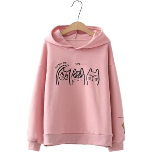 Pink Cartoon Cat Print Casual Hooded Sweatshirt Women 2020 Autumn Long Sleeve Pullover Hoodies Japan Girly Loose Female Tops