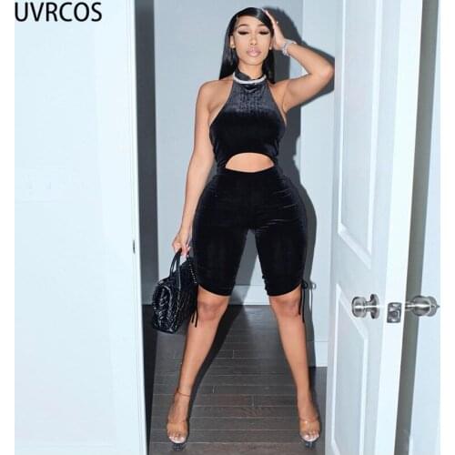 UVRCOS Short Femme Bulk Items Wholesale Lots Summer Solid Diamonds Text Print Show Waist Hollow Out Slim Rompers Womens Jumpsuit