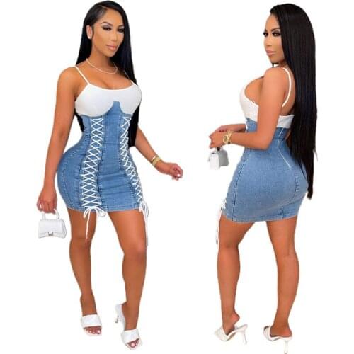 Women Fashion Summer Strap Mini Dress Patchwork Sexy Club Bodycon Dress Vestidos Femme