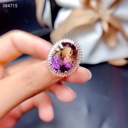 Genuine Natural Ametrine Quartz Purple Yellow Faceted Cut Women Adjustable Ring 12*16mm Oval Bead Rare Gift AAAAAA