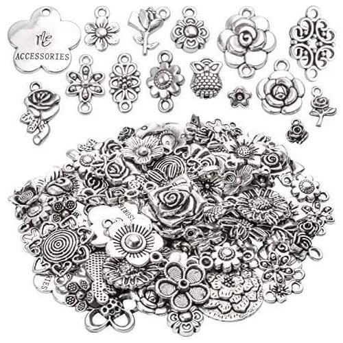 100g Craft Supplies Mixed Rose Flower Charms Pendants Jewelry Connector for Making Bracelet Necklace Keychain,Antique Silver