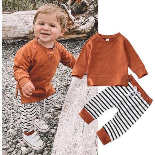 2pcs Baby Boy clothes set Newborn Kids long sleeve brown tee shirt tops striped Pants Cotton Outfit set age 0-24M