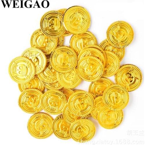 WEIGAO 50Pcs Pirate Treasure Plastic Coin Props Gold Skull Coin For Halloween Party Cosplay Props Kids Party Toys Treasure Coins