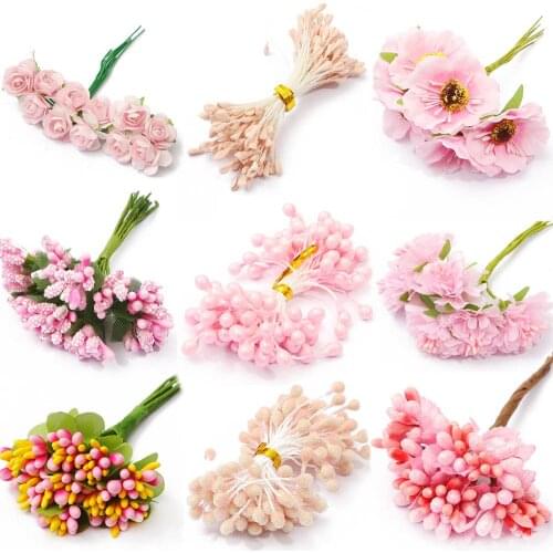 6-288pcs Pink Mixed Artificial Hybrid Flower Cherry Stamen Berries Bundle DIY Christmas Wedding Cake Gift Box Wreaths Decor
