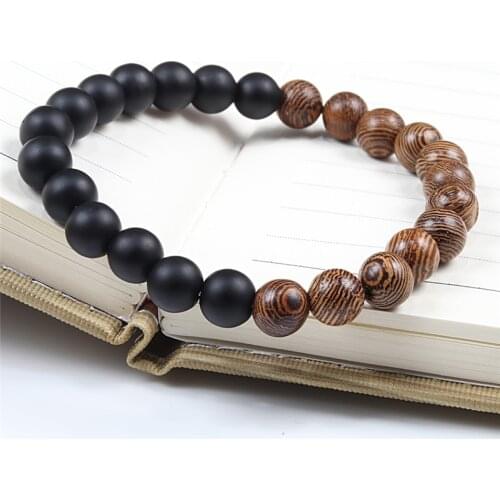 8mm Natural Stone Wooden Beads Bracelets Men Black Ethinc Meditation White Black Lava Bracelet Women Prayer Jewelry Yoga Bangle