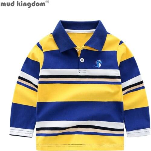 Mudkingdom Boys Polo Shirts Long Sleeve Striped Cute Dinosaur Embroidery Tops