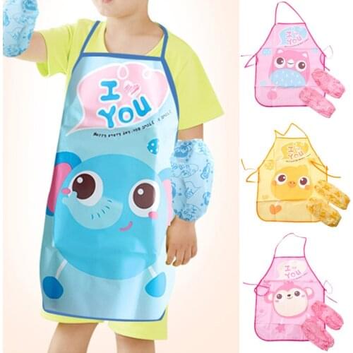 1 Set Cute Waterproof Kids Feeding Aprons Suit Drink Food Children Apron Cuffs Baby Bibs Baby Accessories Portable Cute Cartoon