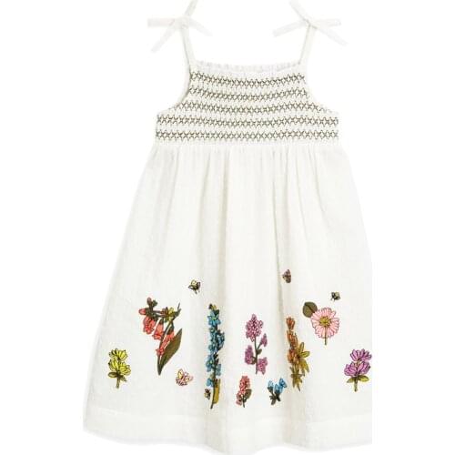 Little Maven New Summer Kids White Embroidery Floral Suspenders Girls 2-7yrs Sleeveless Cotton Smock Knitted Sands Dresses