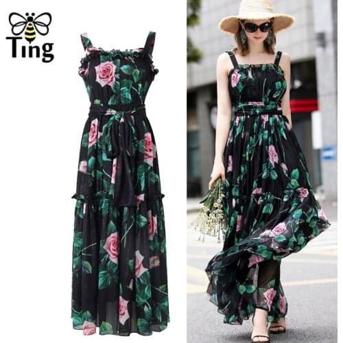 Tingfly Runway Designer Rose Flower Print Maxi Party Dinner Dresses Summer Ruched High Waist Strap Long Dress Vestiti Zaful D