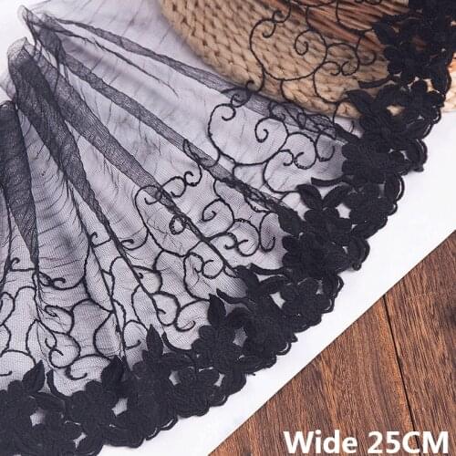 25CM Wide Elegant Tulle Mesh Black Embroidered Lace Fabric Dress Appliques Fringe Trim Dolls Clothes Pettiskirt Sewing Supplies