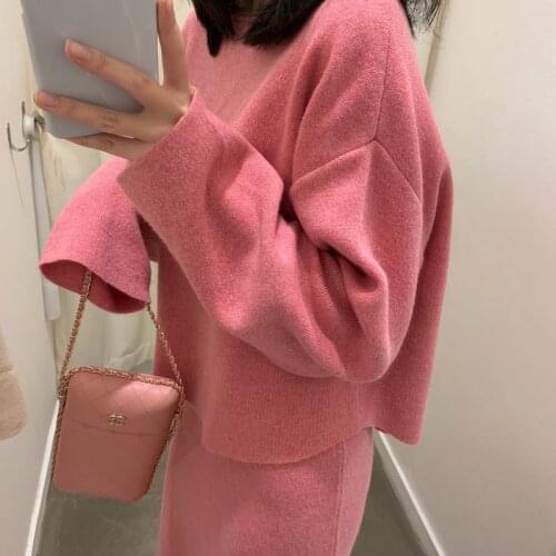 Elegant Ladies Solid Cashmere Sweater Skirt 2 Piece Set Women Fashion O Neck Long Sleeve Knitted Pullovers Suits Winter