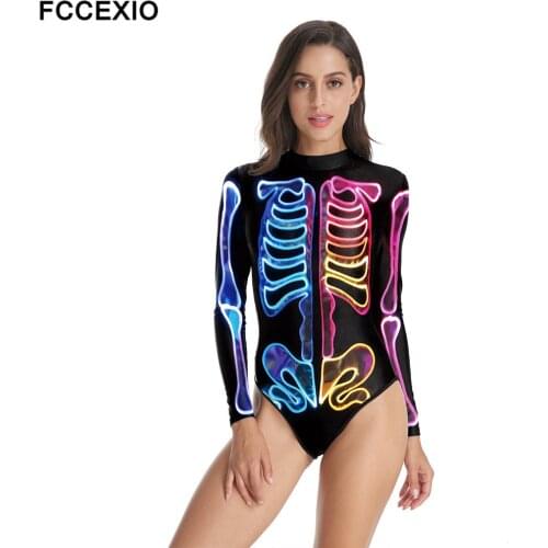 FCCEXIO Fluorescent Skeleton Print Women One-Piece Swimsuit Summer Casual Long Sleeve Beachwear Bathing Suit Sexy Tight Swimwear