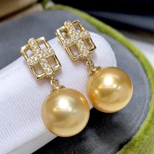 Fine Jewelry 1103 Pure 18 K Gold Phillipine Natural Ocean Golden Pearls 10-9mm Stud Earrings for Women Fine Pearl Earrings