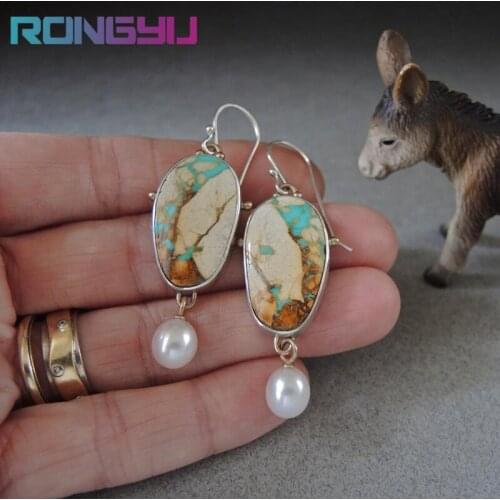 Colorful Turquoise and Pearl Drop Earrings Bohemian Elegant White Pearl Pendant Ear Hook for Ladies Geometric Dangle Jewelry