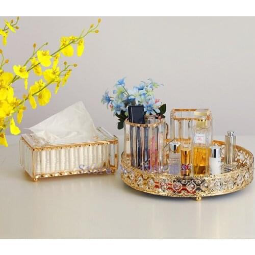 Creative tissue box Pen holder Desktop storage metal crystal European Makeup brush pen Modern home Tray Storage tray mirror