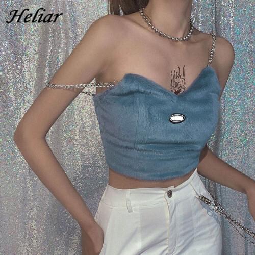 HELIAR Winter Women Velvet Sexy Crop Tops Night Club Bustier Crop Tops Metal Chain Straps Underwear Camisoles Tops Women