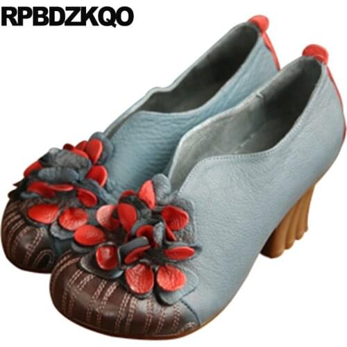 Round Toe Blue Genuine Leather 2017 Retro Thick Unique Floral Ladies Flower Handmade Women Shoes High Heels Vintage Spring