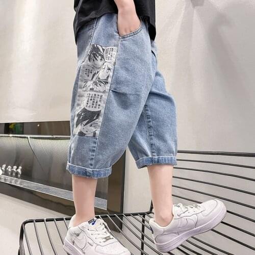 Summer 1-12 Years Boys Cartoon Comic Print Patchwork Cropped Jeans Kids Fashion Denim Pants Children Casual Trousers
