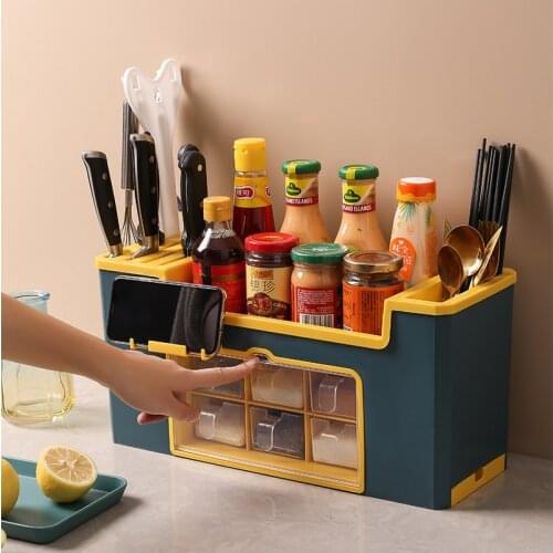 Kitchen Gadgets Multi-function Spice Storage Box Condiment Bottle Storage Rack Seasoning Brush Jar Spoon Organizer Holder Case