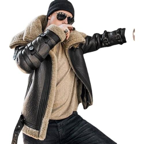 Men Winter Thicker Fur one Leather Coat Mens Double Collar Sheepskin Leather Jacket High-end Locomotive Fur male air force suit