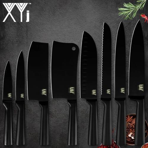XYj 8pcs Stainless Steel Kitchen Knives Set Non-stick Black Blade Chef Slicing Santoku Bread Utility Paring Chopping Knives