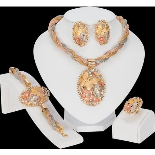 Nigerian Wedding Women Accessories Jewelry Set Fashion Dubai Gold Color Flower Shaped Jewelry Set Statement Bridal Jewelry Set