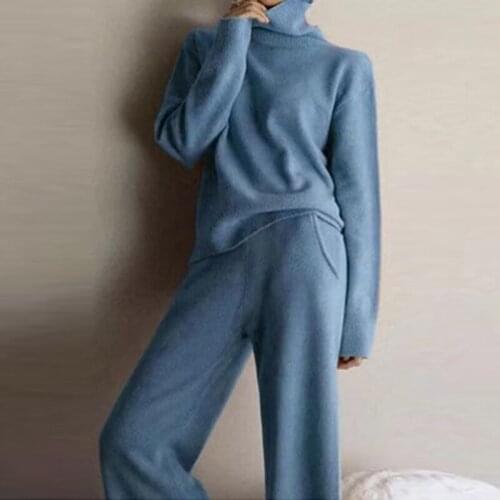 Solid Autumn Knitted Two Piece Sets Women Turtleneck Pullover + Pocket Pants Pajamas Set Winter Warm Soft Simple Home Wear Suits