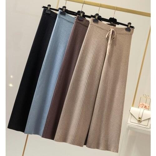 2021 Autumn Winter Knitted Wide Leg Pants Women Korean Solid Pit Long Pants Elastic Waist Lace Up Thick Pants Sweatpants
