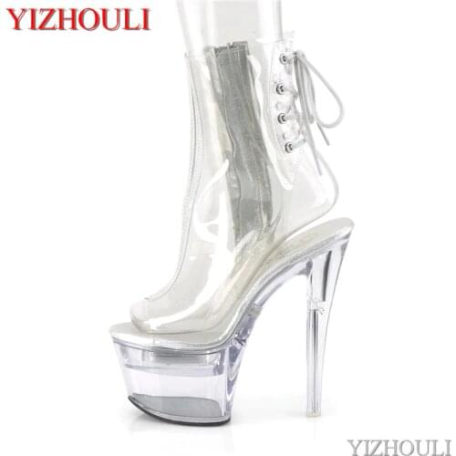 Full transparent vamp 17cm, PU material 7 inch model stiletto heels, summer night club pole dancing ankle boots