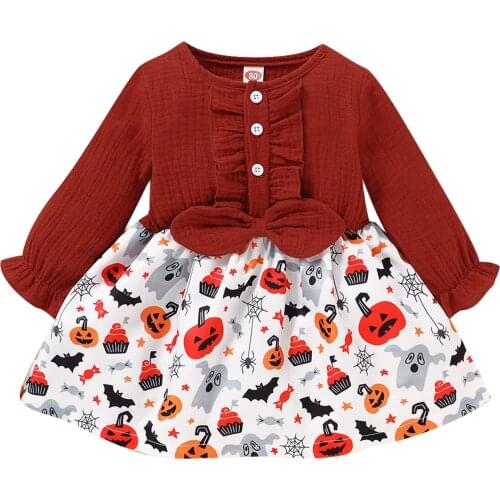 Halloween Girl’s Casual Long Sleeve Dress Pumpkin Print Stitching Round Neck A-line Dress 2021 New Fashion