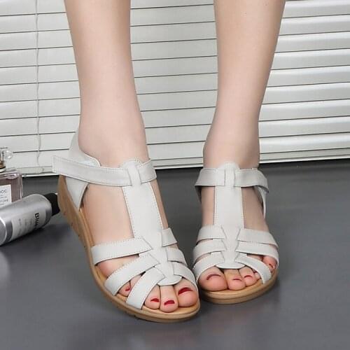 Summer genuine leather women sandals middle-aged and elderly soft bottom non-slip sandals wedges tendon bottom female sandals