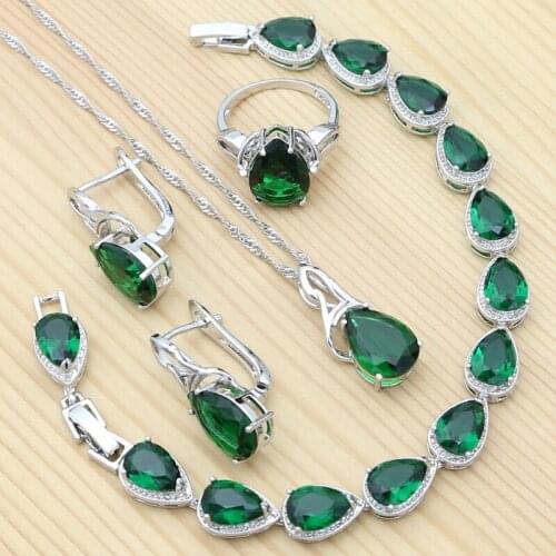 Silver 925 Bridal Jewelry Set Water Drop Emerald Pendant Ring Earrings Bracelet Chain Engagement Gift for Women