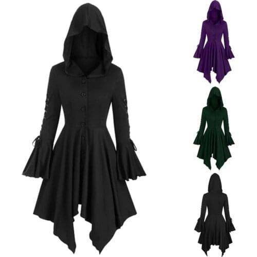 Medieval Cosplay Gothic Halloween Costumes for Women Dress Witch Middle Ages Renaissance Black Cloak Clothing Hooded Dress