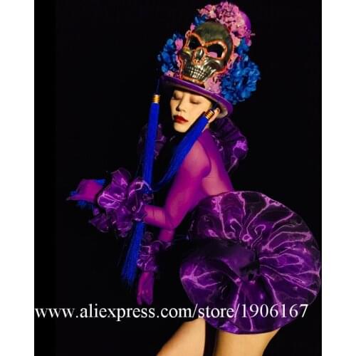 Nightclub bar female singer guest dance dress clothes skull headwear Halloween event party purple stage show goddess costume