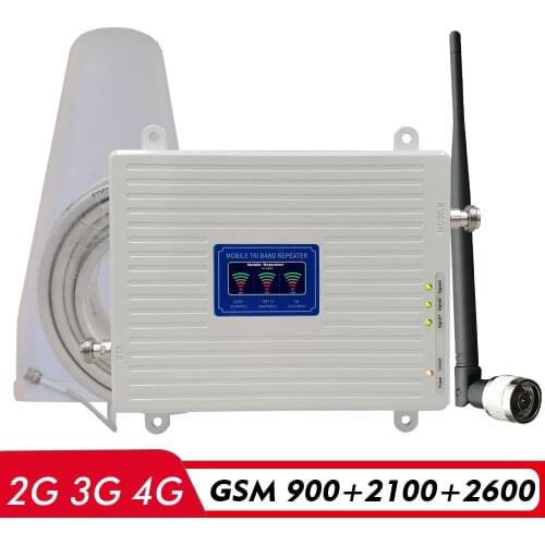 2G 3G 4G Network Tri Band Booster GSM 900+WCDMA/UMTS 2100+FDD LTE 2600MHz Cell Phone Repeater 900 2100 2600 Signal Amplifier Kit