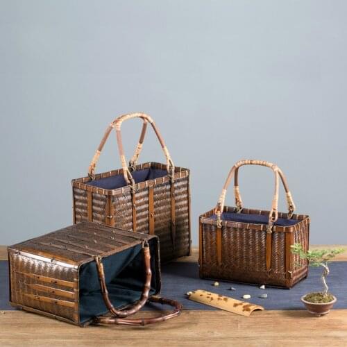 Chinese Style Handmade Vintage Bamboo Woven Bag Handbag Japanese Tea Set Storage Bag Zen Bamboo Bag Handmade Bamboo Woven Bag