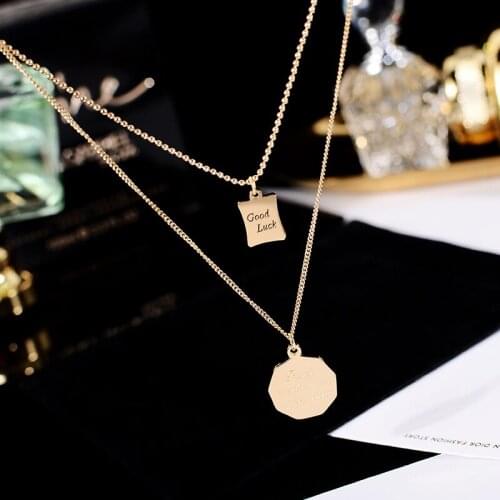 YUN RUO 18k Gold Plated Vintage Double Chain Good Luck Pendant Necklace Fashion Titanium Stainless Steel Jewelry Woman Accessory