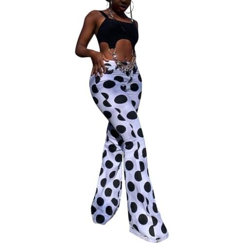 Female Flared Trousers Adults Polka Dots High Waist Bell-Bottomed Pants for Spring Fall, S/M/L/XL