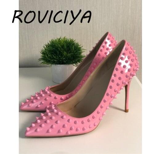 12cm pumps pink women shoes rivets female party shoes bride ladies party shoes high heel plus size 8cm 10cm MD019 ROVICIYA