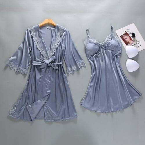 2 Pieces Women Sexy Silk Satin Robe Gown Set Lace Bathrobe Set Summer Sleepwear Nightwear Set