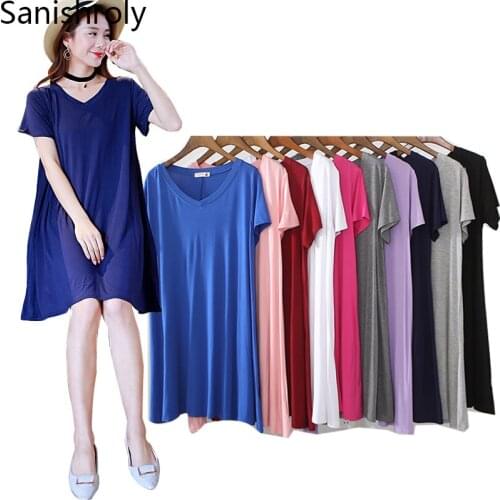 Sanishroly Women Summer Dress Casual Loose V-Neck Modal Dresses Female Solid Short Sleeve Beach Dress Vestidos Plus Size SE040